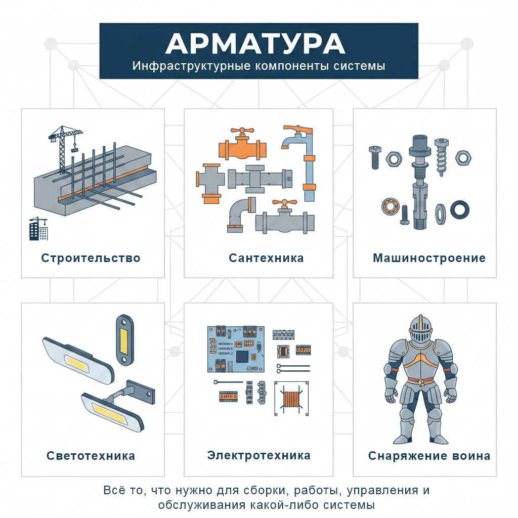 Арматура — это совокупность технических элементов, предназначенных для усиления, управления или обеспечения надёжной работы основной системы, материала или процесса Арматура — это совокупность технических элементов, предназначенных для усиления, управления или обеспечения надёжной работы основной системы, материала или процесса