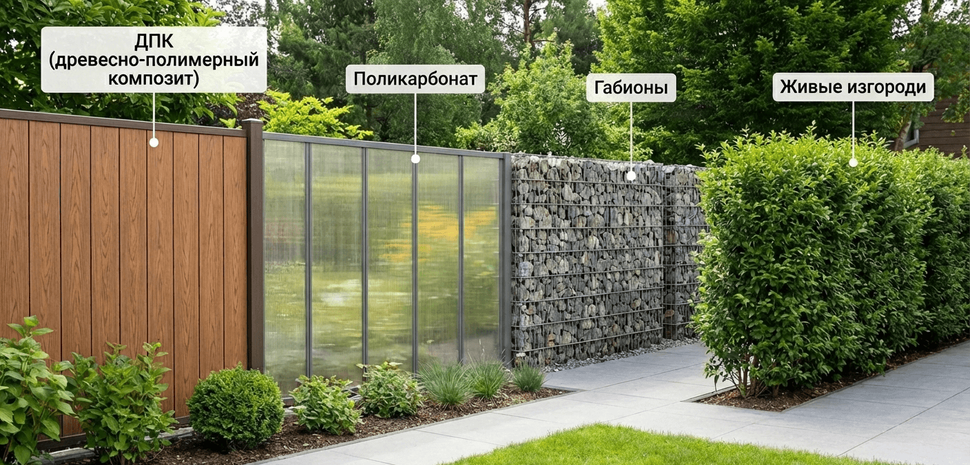 Заборы: ДПК, поликарбонат, габионы, живые изгороди